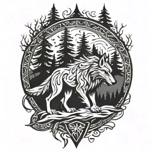 Fenrir Viking Norse Wolf With Alpine Trees