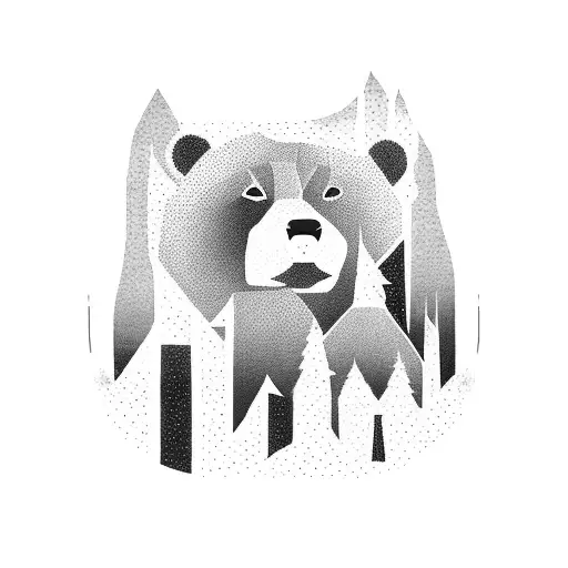 Large Bear Silhouette With 3 Cubs And Trees