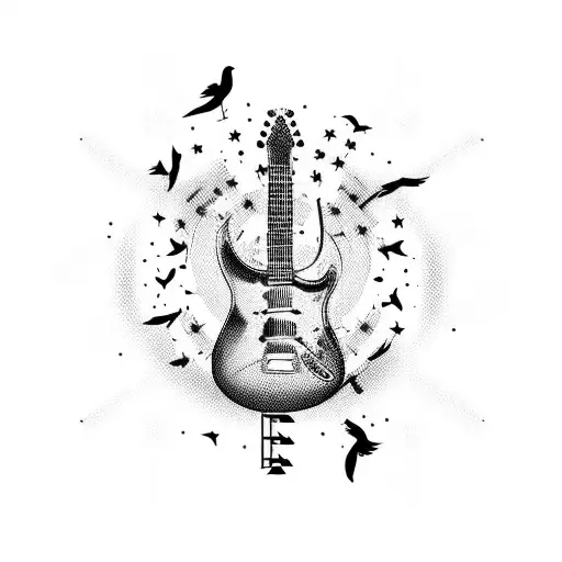 Electric Guitar With Notes And Birds Flying