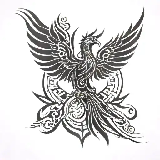 Phoenix Tattoo In Geometrical Style With Wings Open In Flying Position