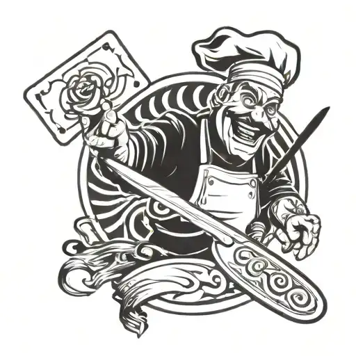 Evil Chef Laughing And Holding A Knife And Two Cards With The Words Rd