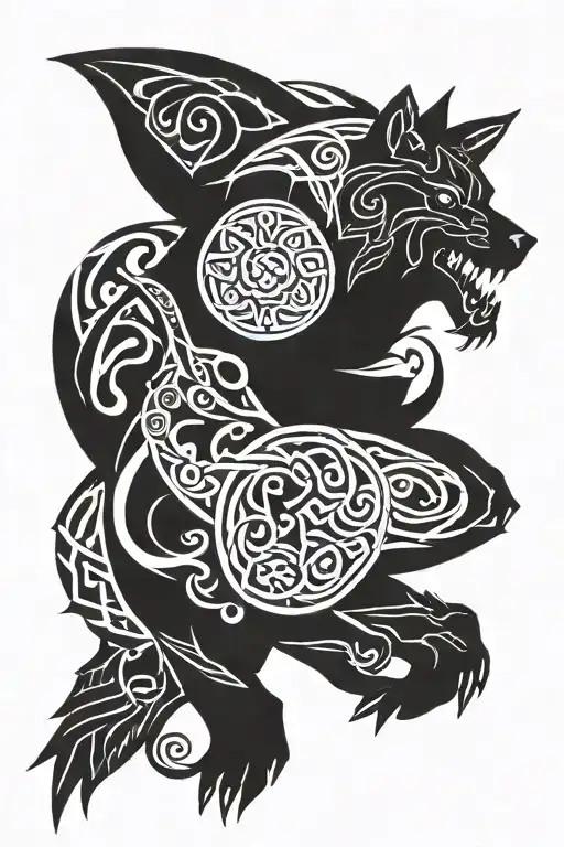 Scottish Celtic Sleeve Tattoo Featuring Wolf Standing Ready To Fight