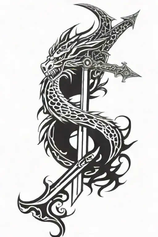 Dragon Wings Spread Behind A Sword With Tail Wrapped Around It