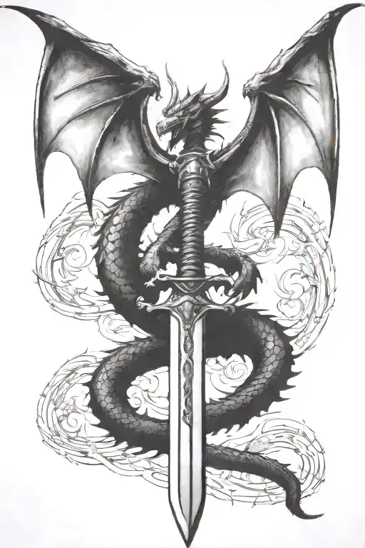 Dragon Wings Spread Behind A Sword With Tail Wrapped Around It