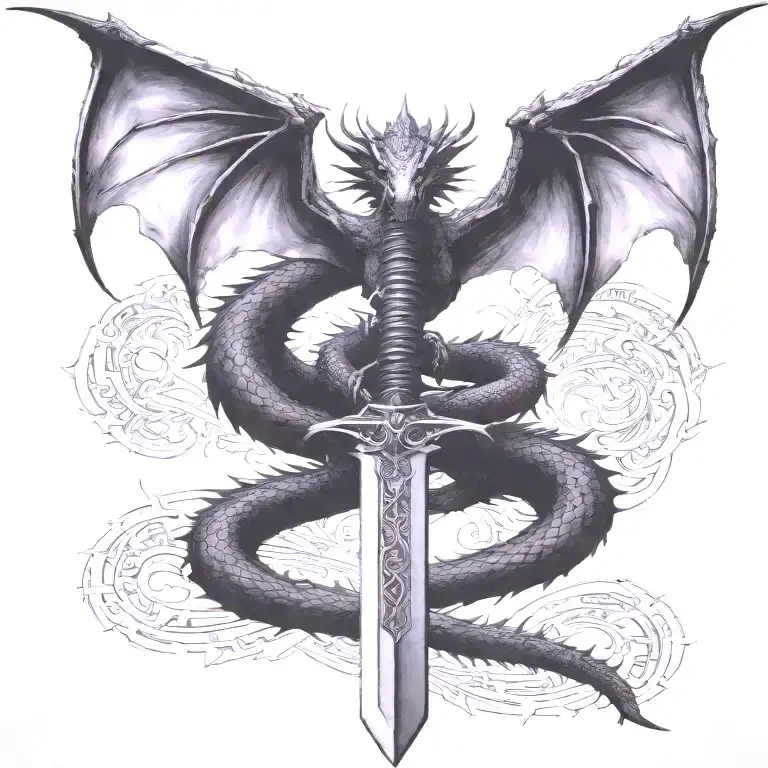 Dragon Wings Spread Behind A Sword With Tail Wrapped Around It