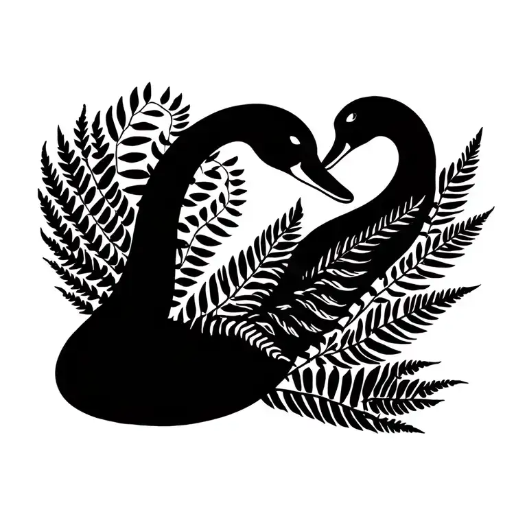 Black Swan With Newzealand Fern As Wings Spread Out