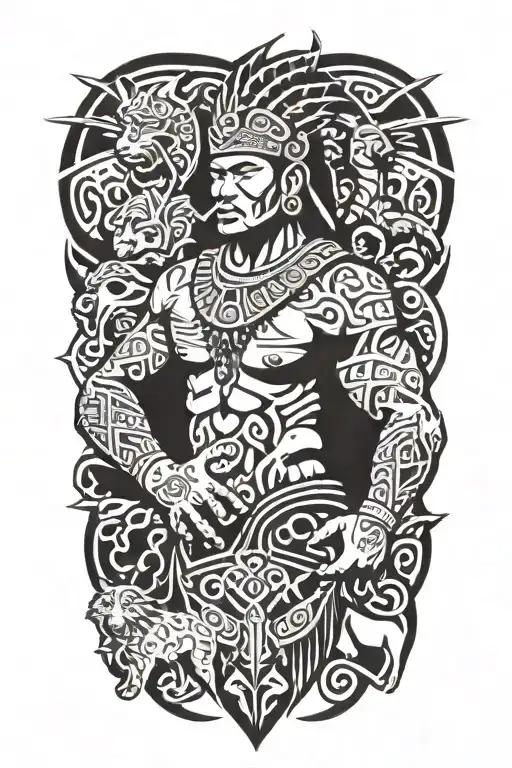 A Polynesian Warrior Adorned With Traditional Tattoos Surround With Animals