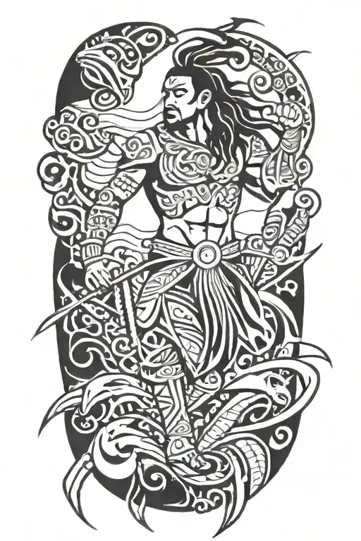 A Polynesian Warrior With Ocean Animals Representing Different