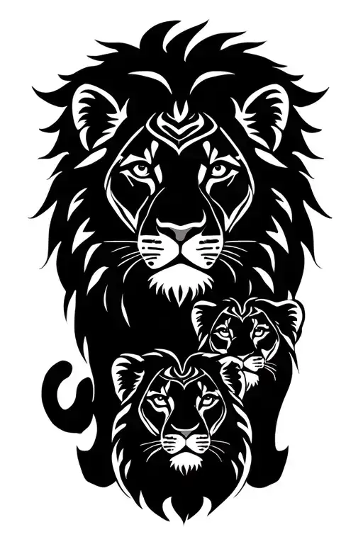 Lion With Lioness And Cub Faces