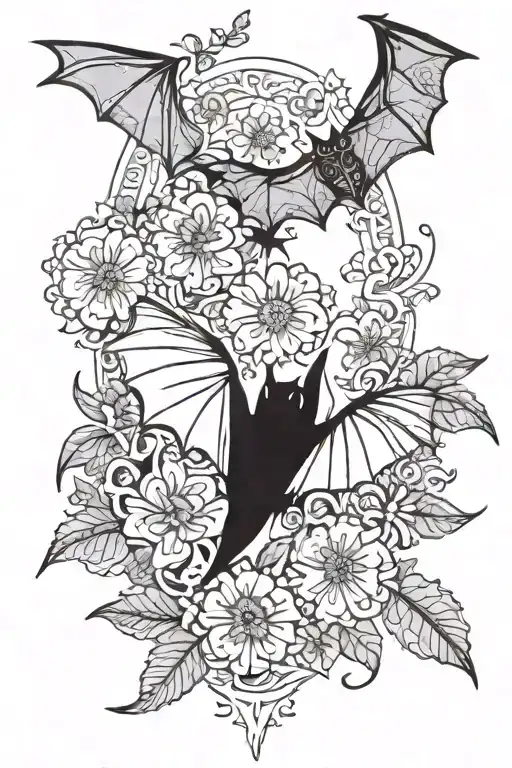 Bat With Marigolds And Cosmos Flowers