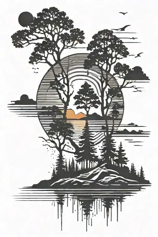 Trees Colors Sunset Over Lake Tattoo