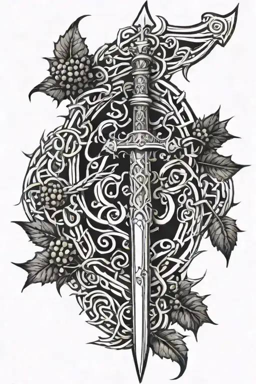 Brambles Intertwining Thorns With A Sword In The Center For A Back Tatto All The Spine