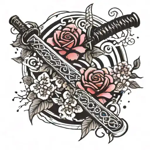 Katana In The Ground Wrapped With A Rose With Cherry Blossom Leaves Falling