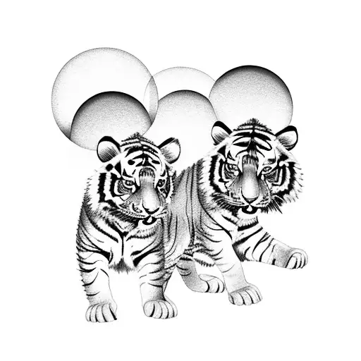 A Mystical Scene Of Kids Riding Tiger Cubs Under The Light Of A Full Moon