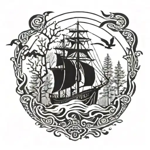 A Ship Sailing Through A Forest Filled With Mythical Animals