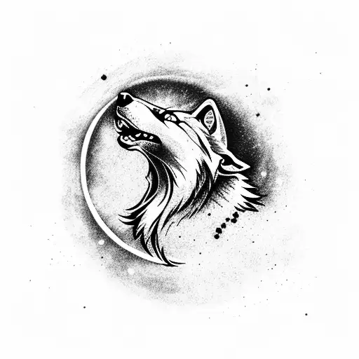 A Wolf Howling At The Moon With A Cosmic Background