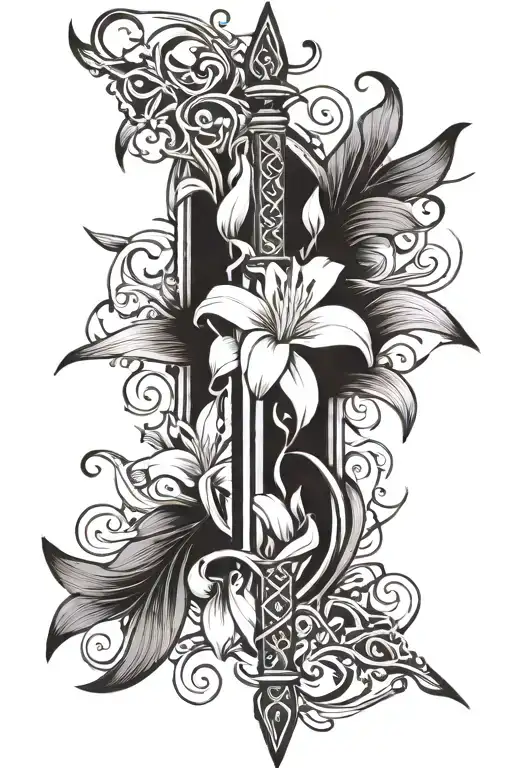 Flowing Lily Flowers Transforming Into Sword Intertwined