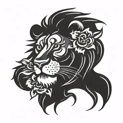 Midle Lion Face And Roses Mayflowers Hibiscus