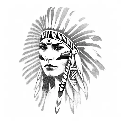 Attractive Native American Young Woman With Warpaint And A Headress