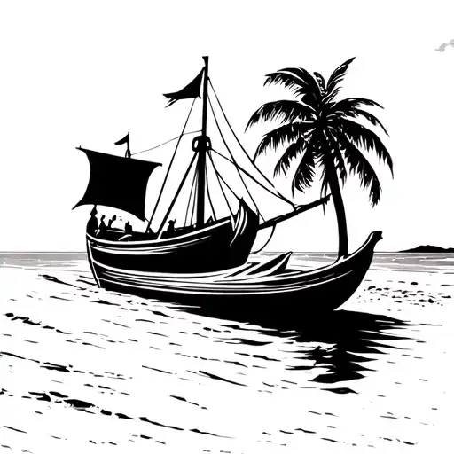 A Beach Scene On Mexico Shores With Spanish Conquistador Boat