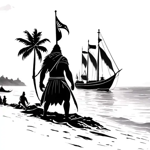 A Beach Scene With Warrior Overlooking Spanish Conquistador Boats Arriving To Shore