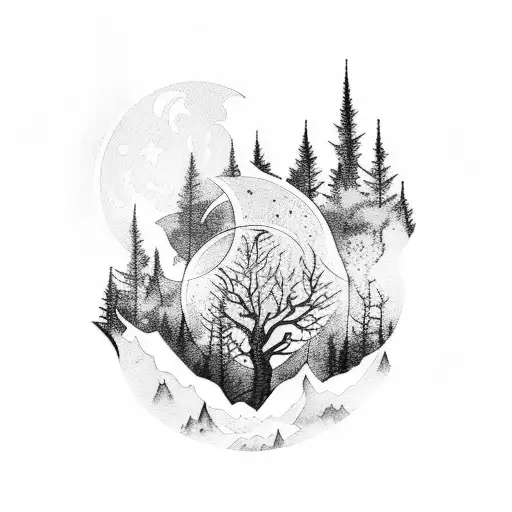 Gloomy Dark Mystical Forest With Shiny Moon And Blue Watercolor Backround As A Sleeve