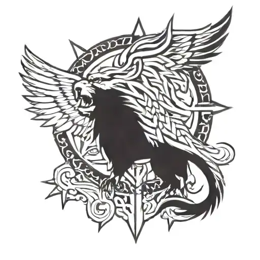 A Lion With A Cross In The Center And An Eagle