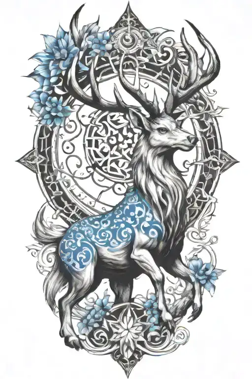 Crossover Stag With Kirin Blue Dragon Whit Dharma Wheel In Nature With 26 Little Stars