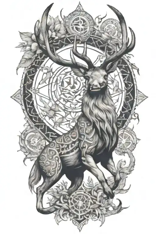 Stag With Dragon Whit Dharma Wheel In Nature With