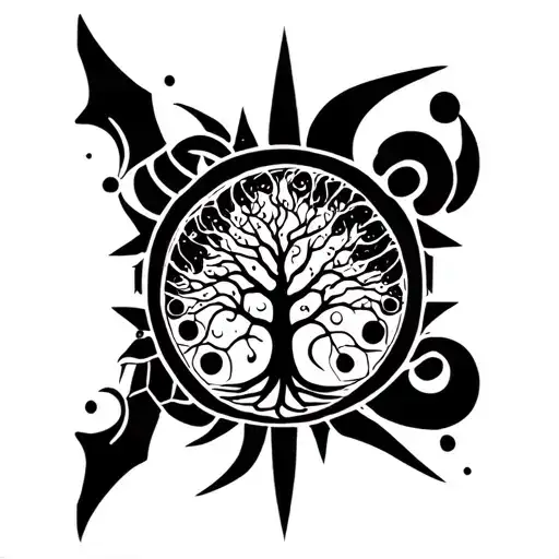 Mahori Tattoo With The Sign Of Aquarius And A Tree Of Life And The Merkaba In The Background