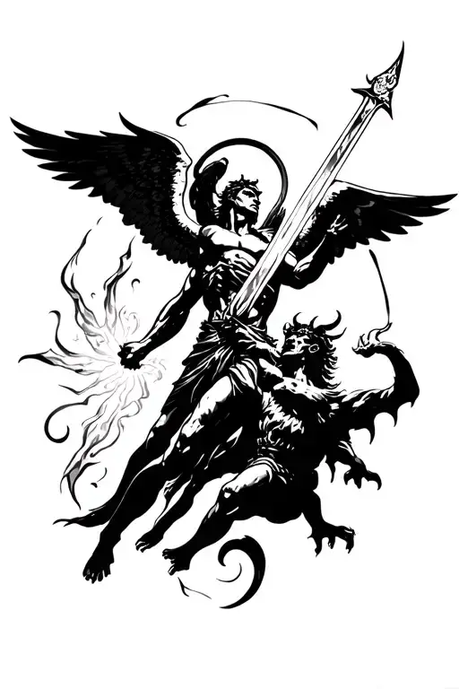 Saint Michael The Archangel Defeating Satan With A Glowing Sword