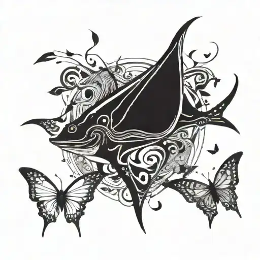 A Black And White Tattoo With A Tribal Manta Ray Surrounded By Fine Line Butterflies