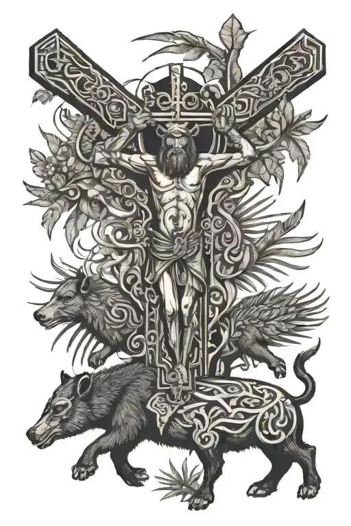 Crucifix With The Legend Curupira Riding A Collared Peccary Holding A Gun In The Forest