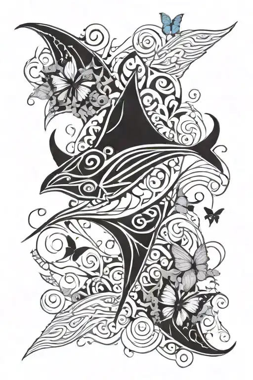 A Black And White Tattoo With A Tribal Manta Ray Surrounded By Fine Line Styled Butterflies