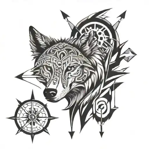 Wolf Head With Compass On Top Of The Head And And Arrow Going Down