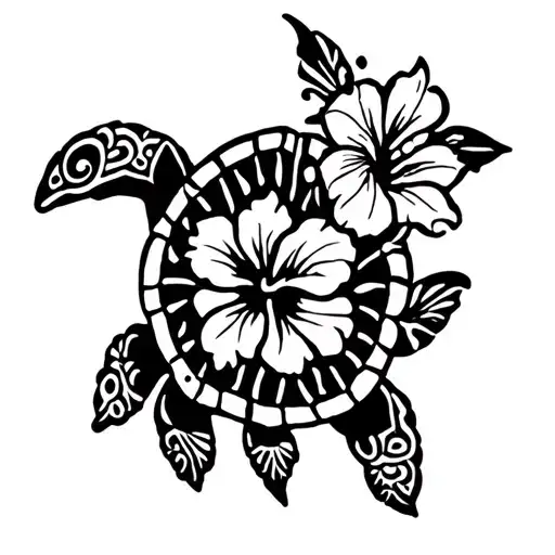 Turtle With Hibiscus Flower Intertwined