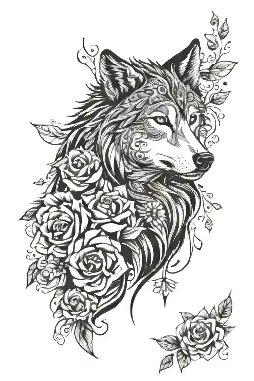 Wolf Blended By Roses And Mayflowers