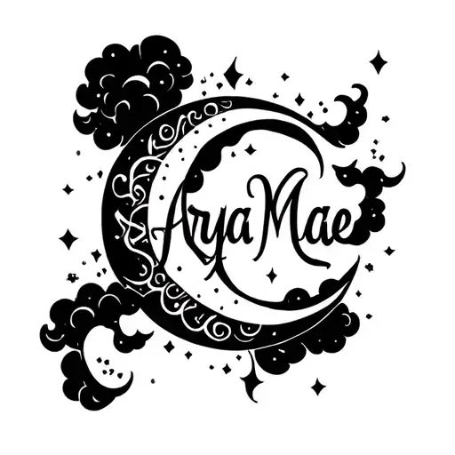 Arya Mae Written Inside Of Crescent Moon Surrounded By Clouds