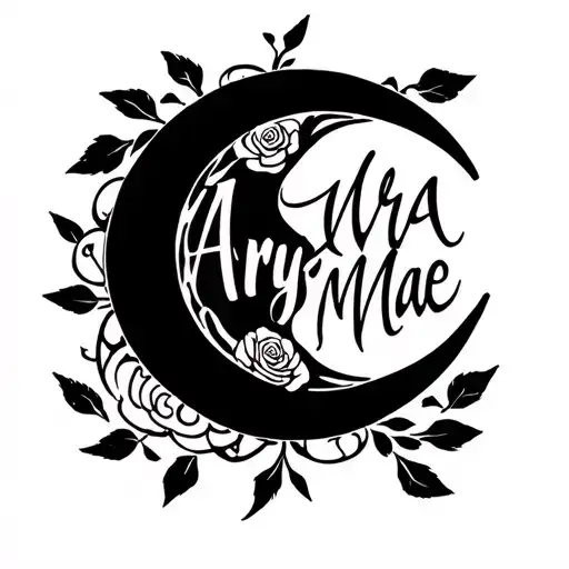 Arya Mae Written Inside Of Crescent Moon Surrounded By Rose Pedals