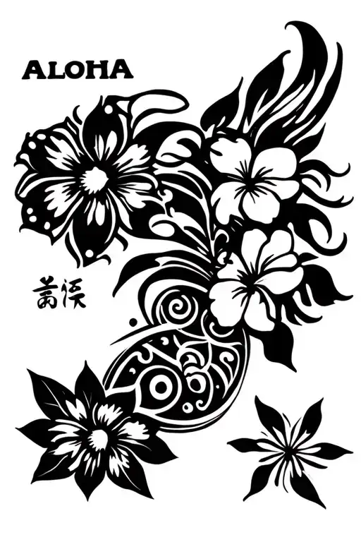 Flower Lei And Plumeria And Honu And Wave And Kanji Aloha And The Sun And The Hawaiian Horizon