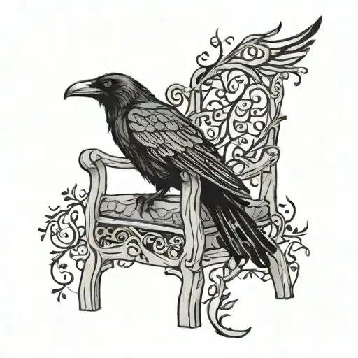 A Broken Wooden Chair With A Raven Perched On It And Vines