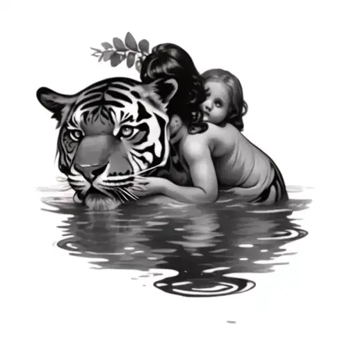 A Little Angel Playing In The Water And Seeing A Tiger Face In Ilthe Water