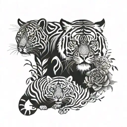 Tiger And Panther With Flowers And Birds Around