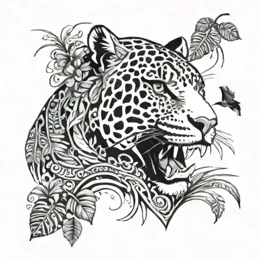 Jaguar In The Forest With Birds And Plants