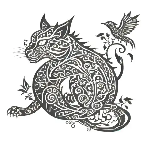 Cat And Dragon With Leafs And Birds