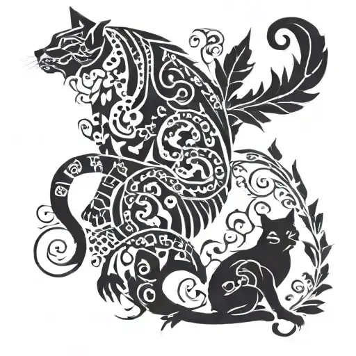 Cat And Dragon With Leafs And Birds