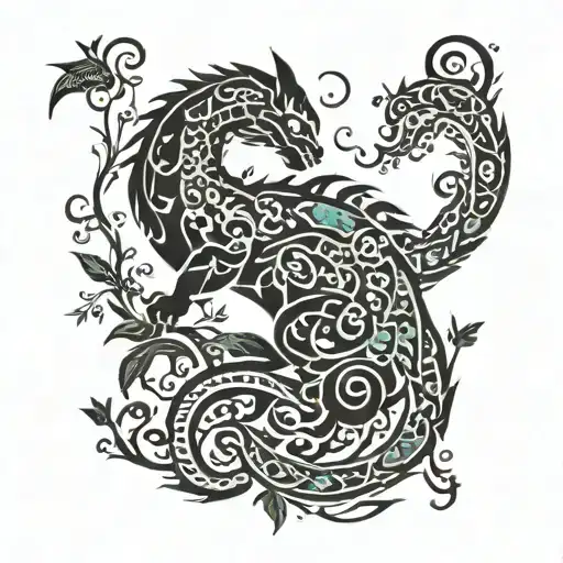 Cat And Dragon With Leafs And Birds