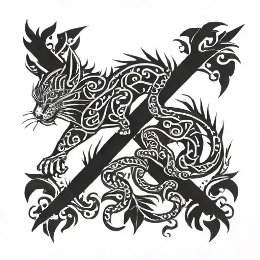 Cat And Dragon With Leafs And Reptiles