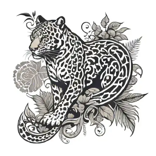 Gothic Jaguar And Dragon With Leafs And Ferns And Birds