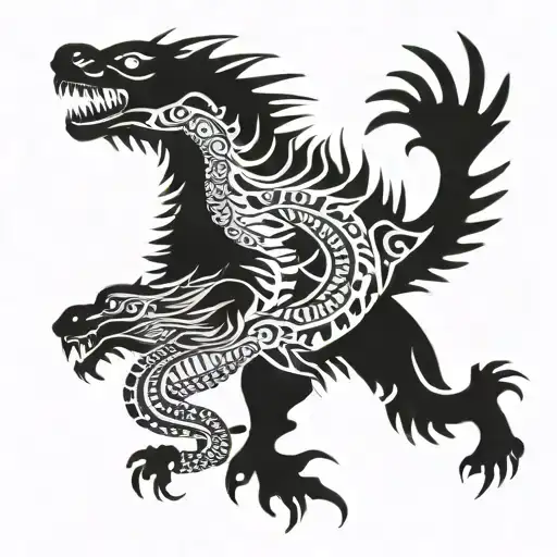 Dragon And Jaguar With Ferns And Birds